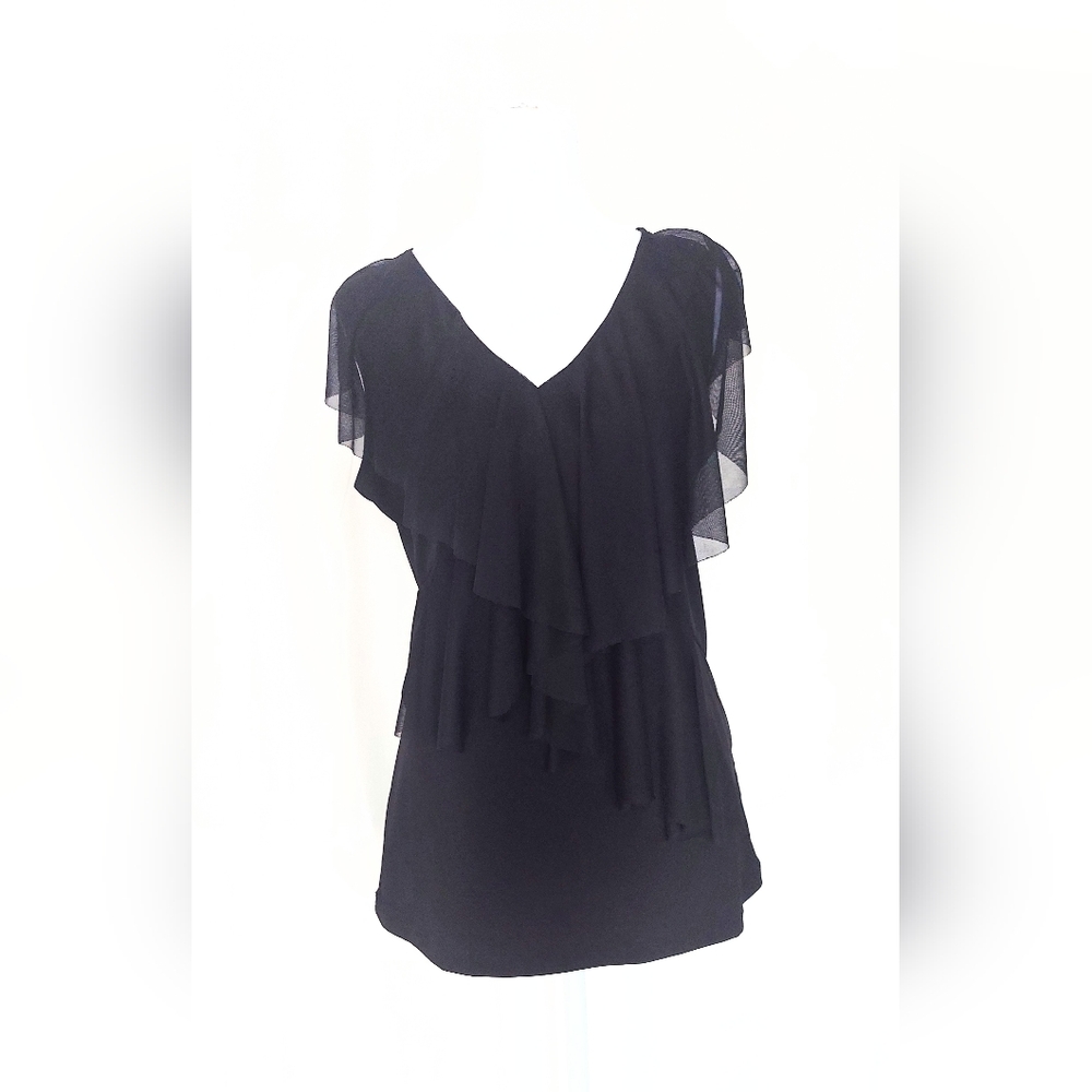 Vintage Suzie Ruffle V Neck Flutter Sleeve Top Black Size Small
